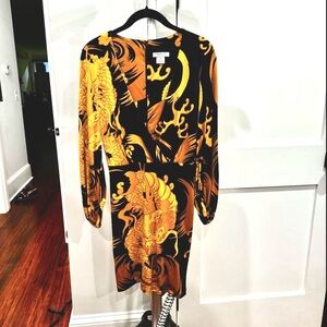 Nieves Lavi NY, Women's Silk V-neck Dress, Yellow/Black Print, Size 6
